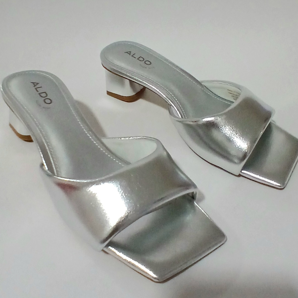 Aldo Silver Mules with Square-Toe Design
